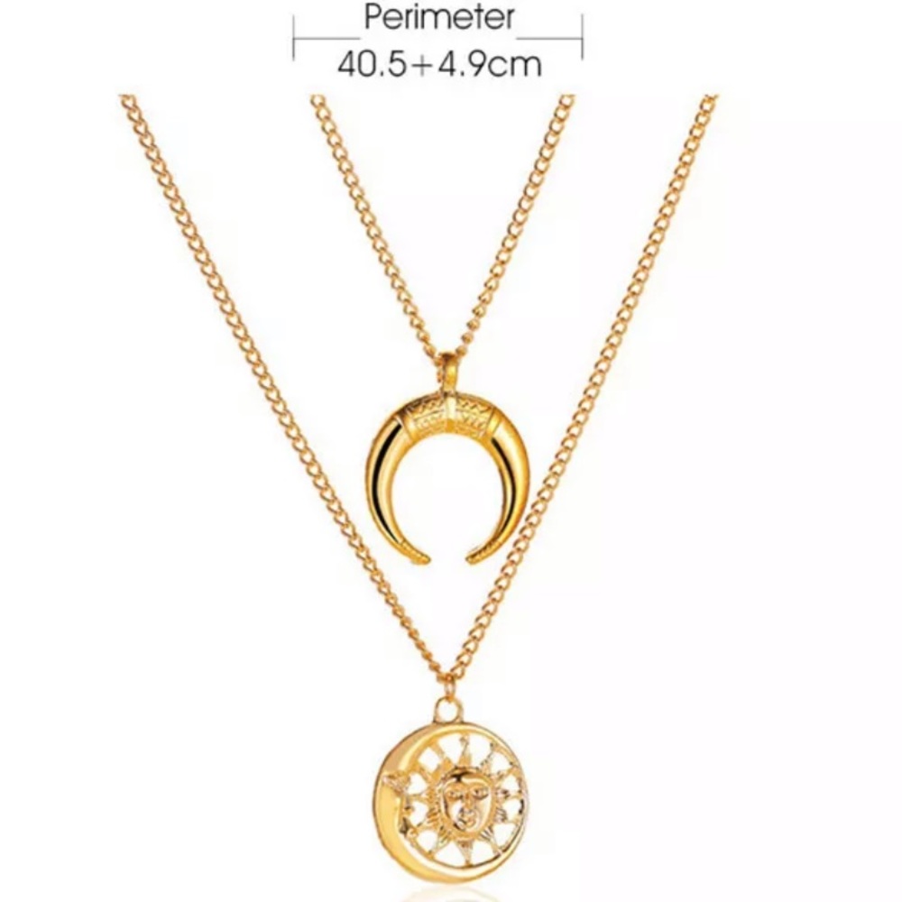 18k Gold Double Layer Sun Moon Pendant Necklace - Picture 3 of 5